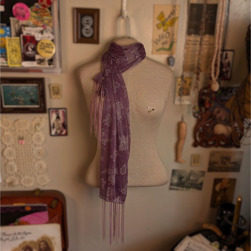 Sparkly Floral Sheer Mesh Scarf Wrap Shawl Light Purple Fringe